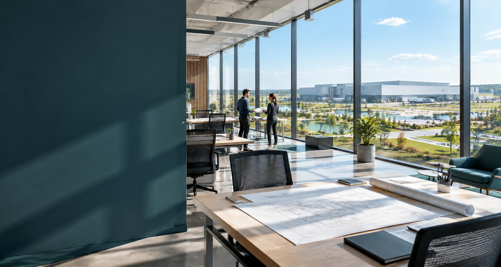 Modern office overlooking an engineering business campus